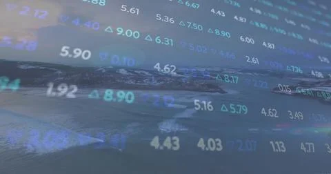 Displaying translucent numeric stock data overlay over lakeside mountains with Stock Photos