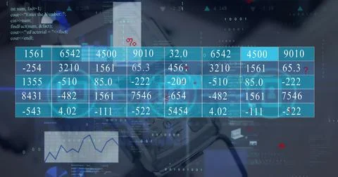 Displaying translucent numeric table centered in tech workspace, with red marks, Stock Photos