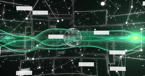 Displaying translucent orb sending green streams at interface, white particles Stock Illustration