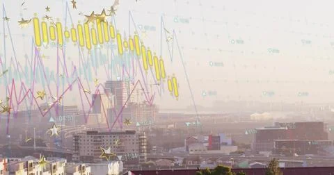 Displaying translucent overlay with candlesticks line graphs over urban skyline, Stock Photos