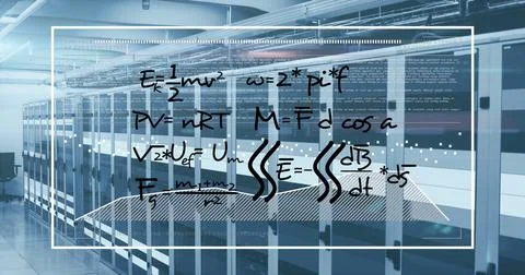Displaying translucent overlay over server room aisle showing equations code 스톡 사진