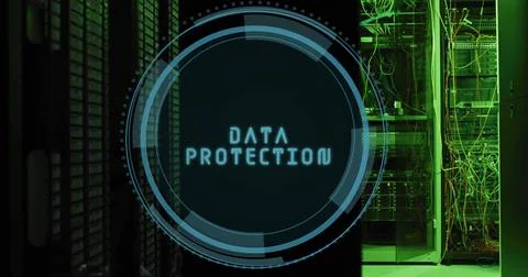 Displaying translucent overlay showing DATA PROTECTION at data center, with Stock Illustration