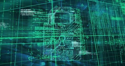 Displaying translucent padlock with circuit traces and keyhole in cyberspace, Stock Illustration