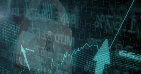 Displaying translucent padlock featuring keyhole overlaying data grid, flowing Stock Illustration