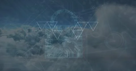 Displaying translucent padlock icon floating over clouds, with world overlay and Stockfoto's