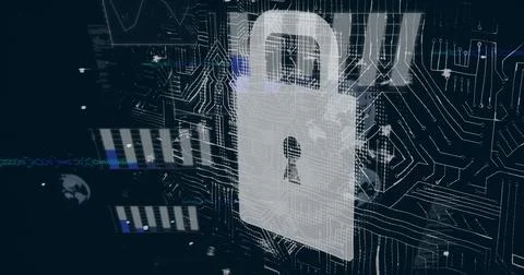 Displaying translucent padlock occupying center of blue interface, with Stock Illustration