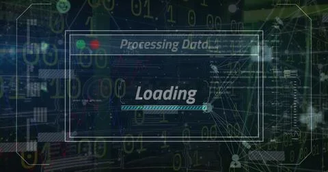 Displaying translucent panel in data center, with Processing Data label and Foto stock