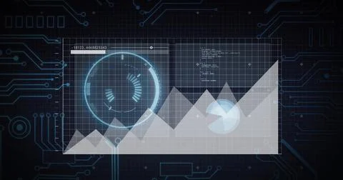 Displaying translucent panel on digital dashboard, with line graph, gauge, pie Stock Photos