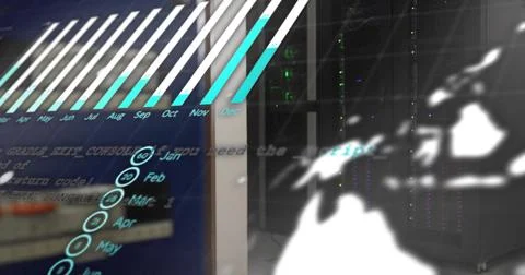 Displaying translucent panel showing bar chart in server room, with racks and Stock Illustration