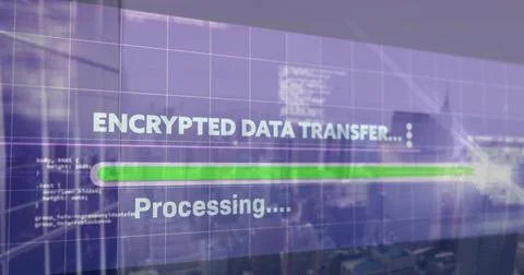 Displaying translucent panel showing ENCRYPTED DATA TRANSFER with green progress 写真素材