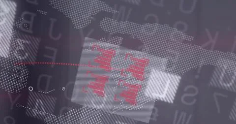 Displaying translucent panel showing four red bar-charts on HUD over dot map, 스톡 일러스트