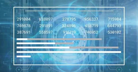 Displaying translucent panel showing numeric bar charts in server room with 写真素材