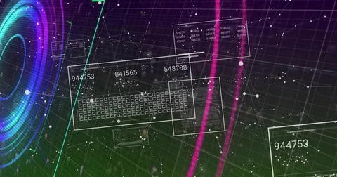 Displaying translucent panel showing wireframe keyboard in virtual data space, Stock Illustration