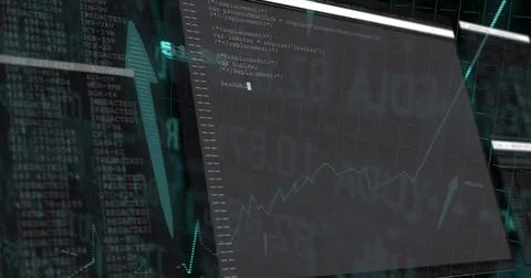 Displaying translucent panel showing XML-like code and rising line chart on Stockfoto's