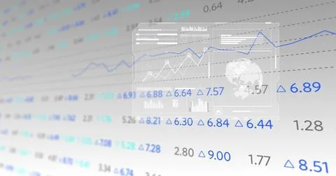 Displaying translucent panel in virtual workspace, showing blue line chart, g Illustrazione stock