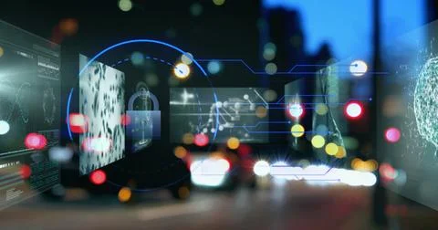 Displaying translucent panels and padlock icon floating over city street at Stock Illustration