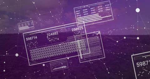 Displaying translucent panels floating over dark hill plain, with keyboard, data Stock Photos