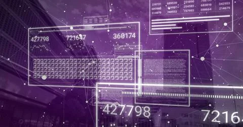 Displaying translucent panels hovering over city center, showing numeric read 写真素材