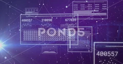 Displaying translucent panels in purple network, showing numeric readouts, code Illustrazione stock