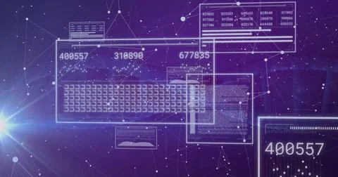 Displaying translucent panels in purple network, showing numeric readouts, code Stock Illustration