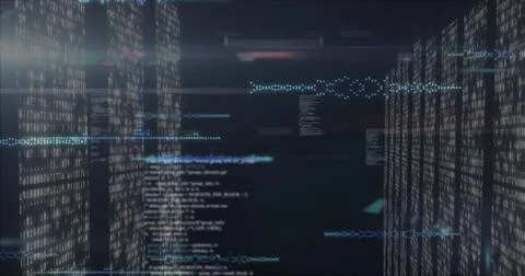 Displaying translucent panels scrolling alphanumeric code in cyberspace, with Stockfoto's