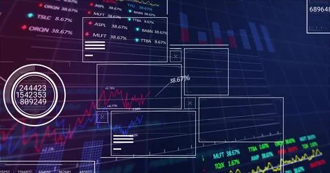 Displaying translucent panels showing line charts and bar charts in trading UI, Stock Illustration