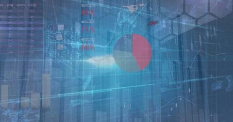 Displaying translucent pie chart centered on corporate analytics dashboard, with 스톡 사진