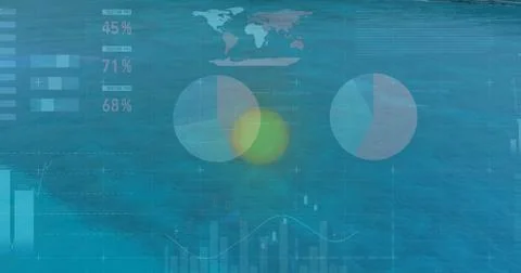 Displaying translucent pie charts over open sea, with world map bar and line Stock Illustration