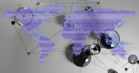 Displaying translucent purple dotted world map overlay hovering above black Stock Photos