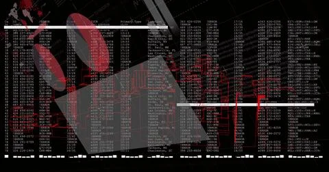 Displaying translucent red 3D network visualization over digital dashboard, with 写真素材