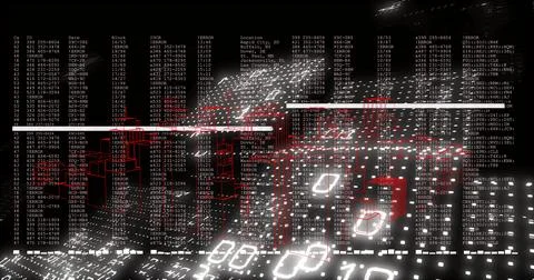 Displaying translucent red server rack wireframes in virtual data center, with イラスト素材