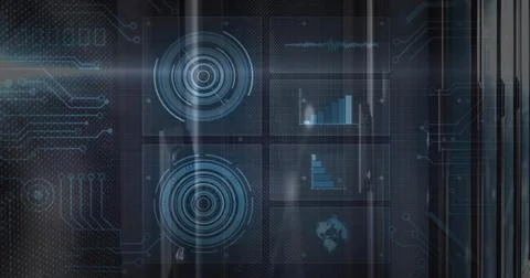 Displaying translucent six-panel HUD in dark control center, showing concentric Stock Illustration