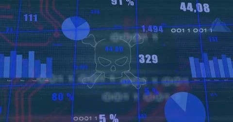 Displaying translucent skull-and-crossbones icon occupying center of cyber Stock Photos