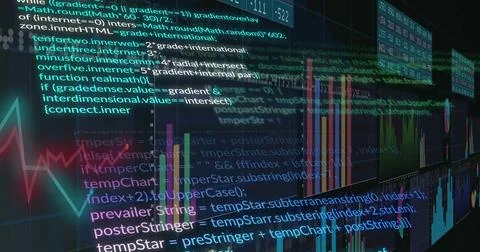 Displaying translucent source code and charts scrolling across digital Illustration