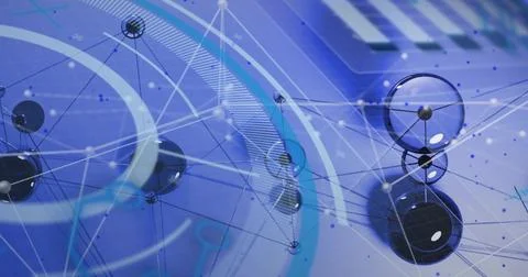 Displaying translucent sphere cluster with connecting lines at tech desk, with Stock Photos