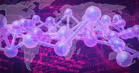 Displaying translucent spheres rods network across cyberspace world map, showing Stock Illustration