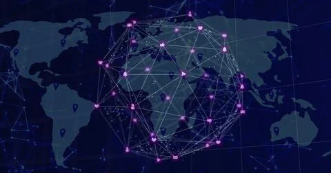 Displaying translucent spherical network over global map, showing purple nodes, Ilustração Stock