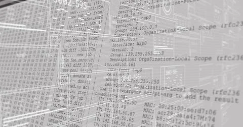 Displaying translucent terminal panels overlaying rack-mounted servers at data Stock Illustration