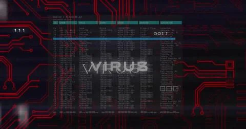 Displaying translucent terminal showing tabular data with WIRUS overlay on red Stock Photos
