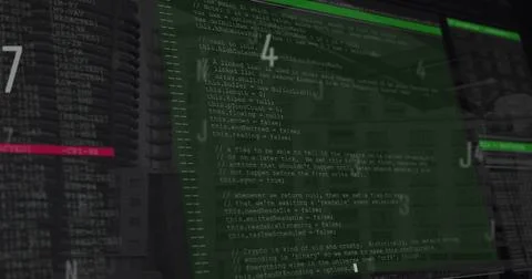 Displaying translucent terminal streaming JavaScript code in control room, with 스톡 사진