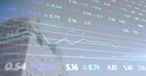 Displaying translucent ticker overlay with line graph and arrows over blurred Foto stock