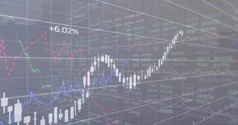 Displaying translucent trading chart on screen, showing white candlesticks, Stock Illustration