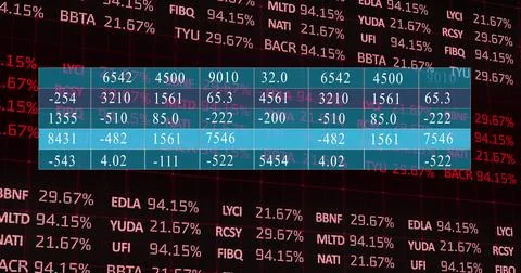 Displaying translucent turquoise data table on digital dashboard, with scrolling Foto stock