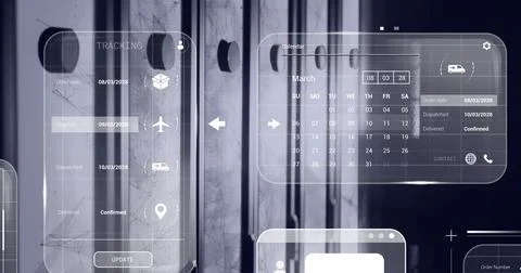 Displaying translucent UI panel in tech lab, with tracking icons, calendar Stock Photos
