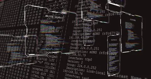 Displaying translucent UI panels with code, IP addresses, mDNS in 3D workspace, 스톡 사진