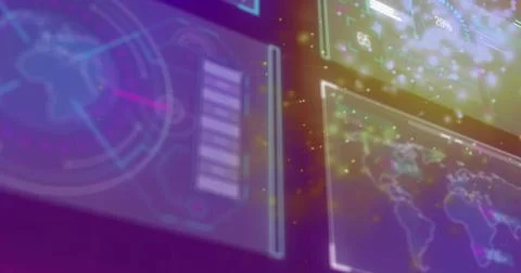 Displaying translucent UI panels in control hub, showing world map, radar, Stock Illustration
