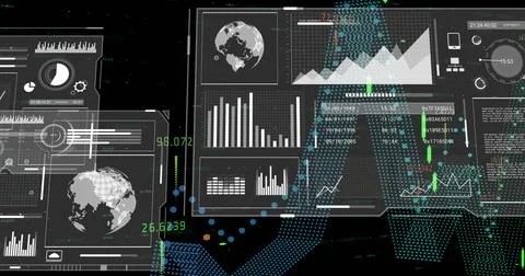 Displaying translucent UI panels on dark grid, showing globe, bar and line Stock Photos