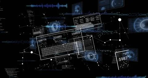 Displaying translucent UI panes and wireframe keyboard in virtual data space, Stock Illustration