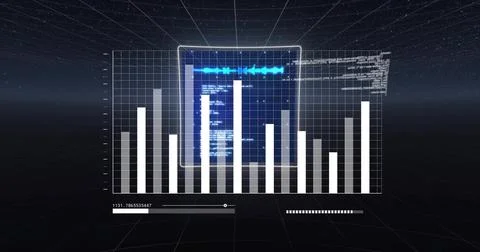 Displaying translucent vertical bar chart and waveform panel in 3D grid, slider 스톡 일러스트