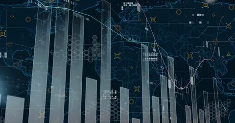Displaying translucent vertical bars rising on virtual dashboard, with world map Illustrazione stock